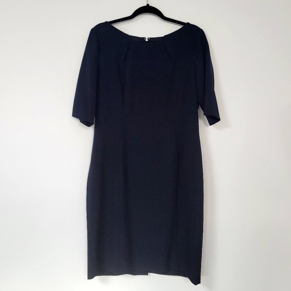 Navy Blue Half Sleeve Sheath Dress Modest Career Knee Length